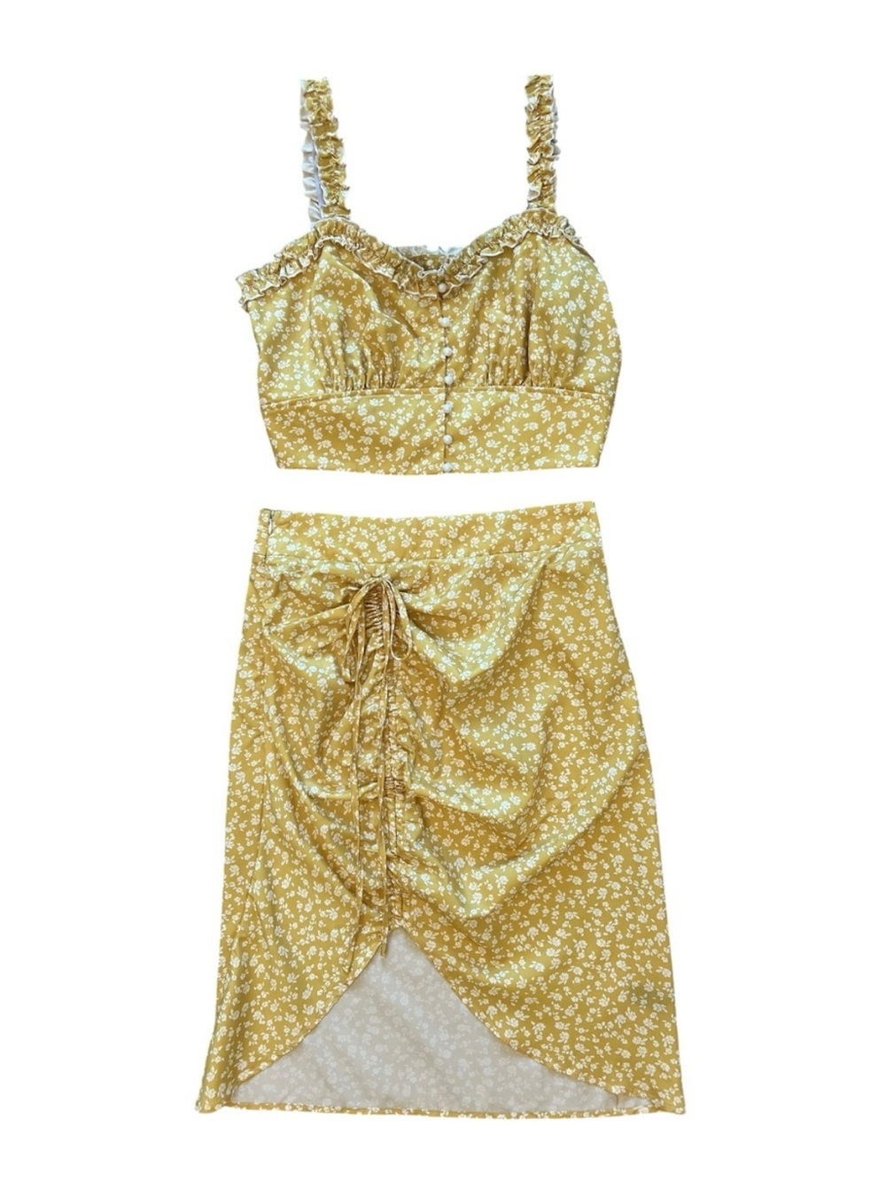 Cider Mustard Yellow Cottagecore Y2K Floral Crop Top & Ruched Midi Skirt- M
